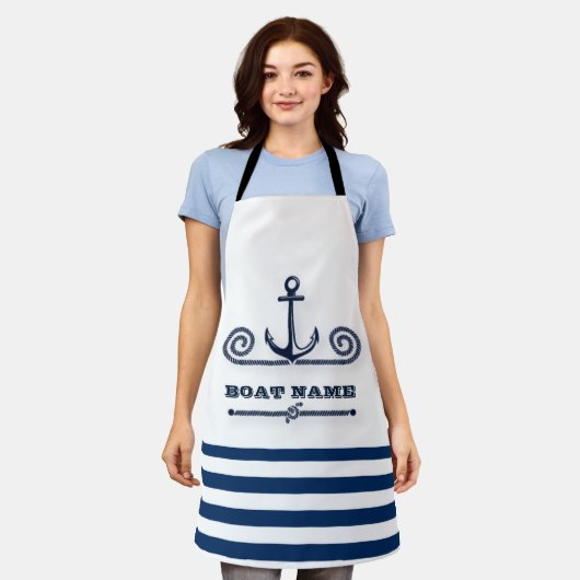 Naam van het schip,Anker,Touw, Marineblauwe strepe Schort (Gedragen)