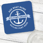 Naam van het vaartuig aan de grens met een ankerto bier onderzetter<br><div class="desc">Onderzetter met een wit nautisch anker omringd door een touwrand op een donkerblauwe achtergrond. Over het anker is een lichtblauwe banner met aanpasbare tekst "welkom aan boord". Voeg de naam van je boot en de achterhaven toe.</div>