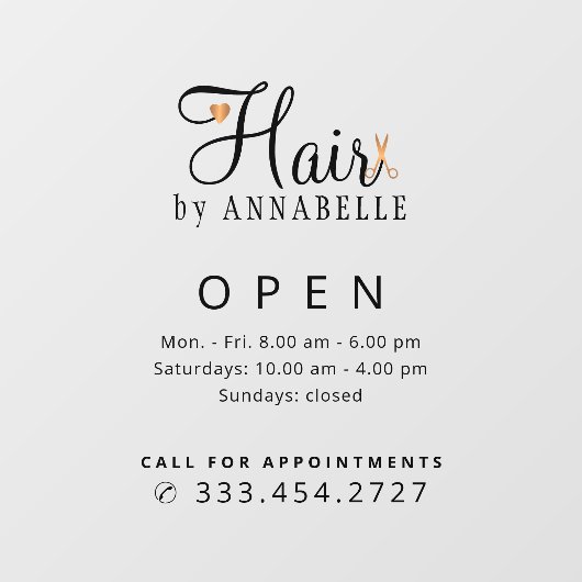 Naam van kapsalon openingstijden sticker (Vel)