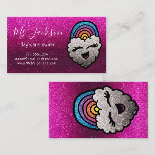 Naam van leraar Rainbow Glitter Heart Cloud Kinder Visitekaartje (Voorkant / Achterkant)
