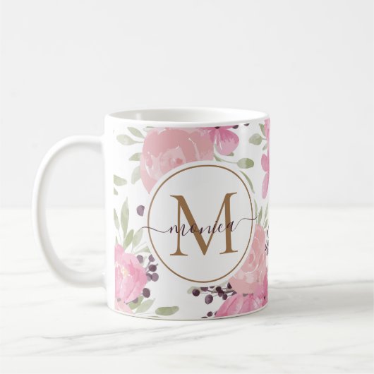 Naam van modern Waterverf Floral Gold Monogram Koffiemok (Links)