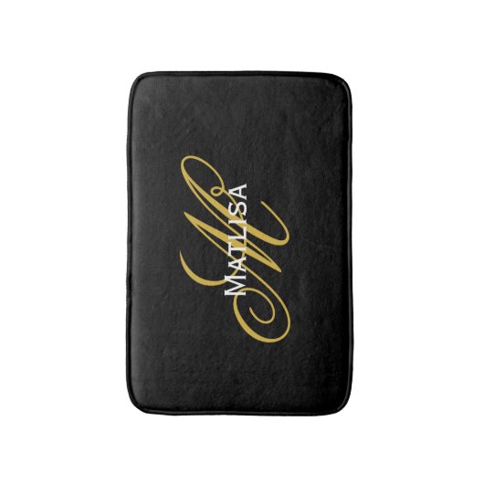 Naam van modern zwart-wit en goudmonogram badmat (Voorkant Verticaal)