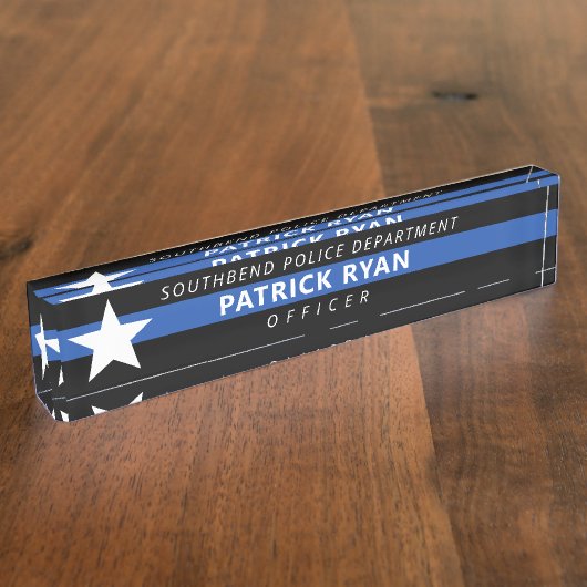 Naam van politiemonogram met blauwe lijn naambordje (Zijkant)