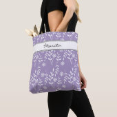 Naam voor elke tekst Lavendar White Floral Pattern Tote Bag (Dichtbij)