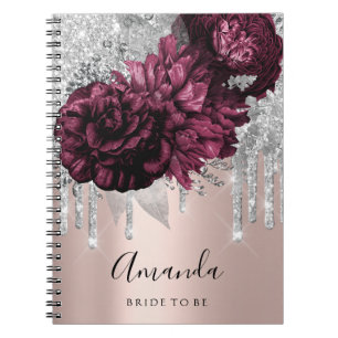 Naam Vrijgezellenfeest Marsala Drips Floral Peony Notitieboek