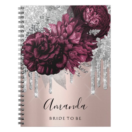 Naam Vrijgezellenfeest Marsala Drips Floral Peony Notitieboek (Voorkant)