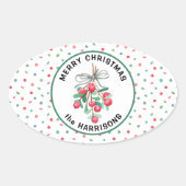 Naam, Vrolijk Kerstfeest, Mistletoe Snoep Pattern Ovale Sticker (Voorkant)
