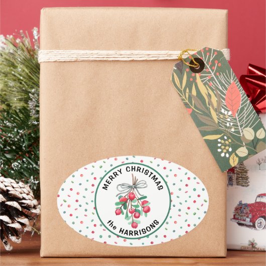 Naam, Vrolijk Kerstfeest, Mistletoe Snoep Pattern Ovale Sticker (Feestdagen)
