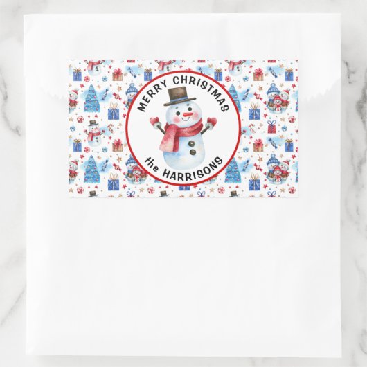 Naam, Vrolijk Kerstfeest, Retro Sneeuwman Patroon Rechthoekige Sticker (Tas)