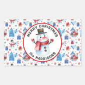 Naam, Vrolijk Kerstfeest, Retro Sneeuwman Patroon Rechthoekige Sticker (Voorkant)