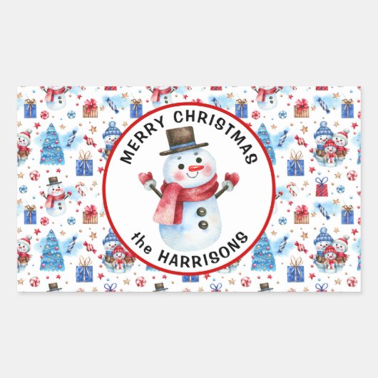 Naam, Vrolijk Kerstfeest, Retro Sneeuwman Patroon Rechthoekige Sticker (Voorkant)
