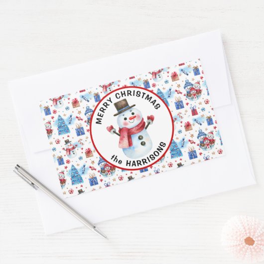 Naam, Vrolijk Kerstfeest, Retro Sneeuwman Patroon Rechthoekige Sticker (Envelop)
