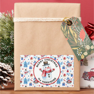 Naam, Vrolijk Kerstfeest, Retro Sneeuwman Patroon Rechthoekige Sticker