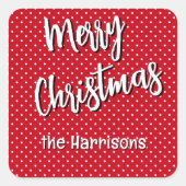 Naam, Vrolijk Kerstfeest Rood & Wit Polka Dots Vierkante Sticker (Voorkant)