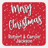 Naam, Vrolijk Kerstfeest Rood & Wit Sterren Vierkante Sticker (Voorkant)