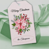 Naam, Vrolijk Kerstmis Roze Poinsettia Bloem 10 Cadeaulabel