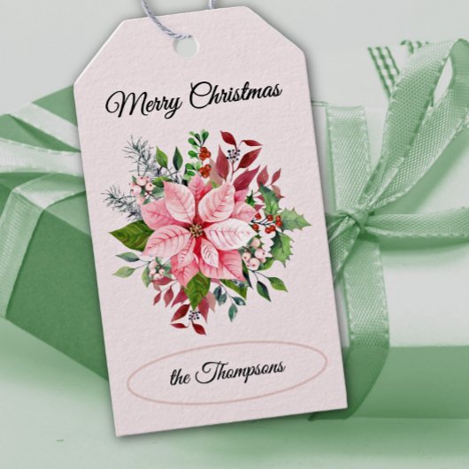 Naam, Vrolijk Kerstmis Roze Poinsettia Bloem 10 Cadeaulabel