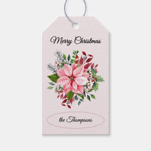 Naam, Vrolijk Kerstmis Roze Poinsettia Bloem 10 Cadeaulabel (Voorkant)
