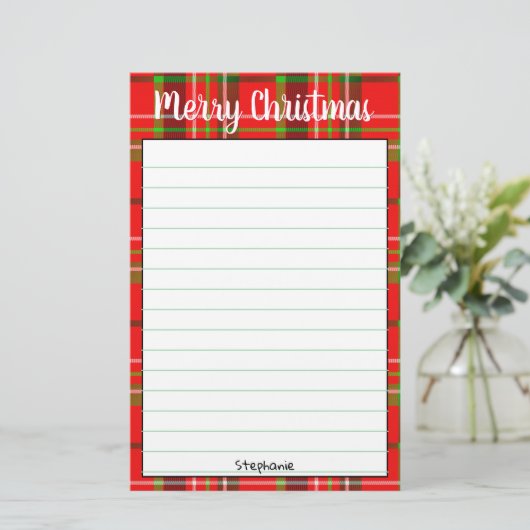Naam Vrolijk kerstrood/Groen Tartan Spuit Briefpapier (Staand voorkant)