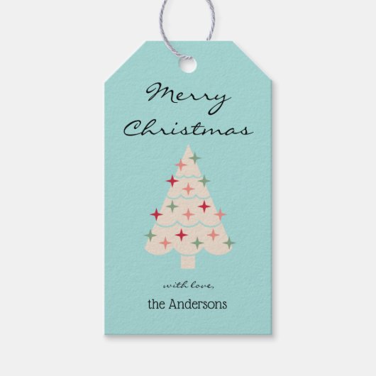 Naam, Vrolijke Kerstmis Midden-Eeuw Retro Boom Cadeaulabel (Voorkant)