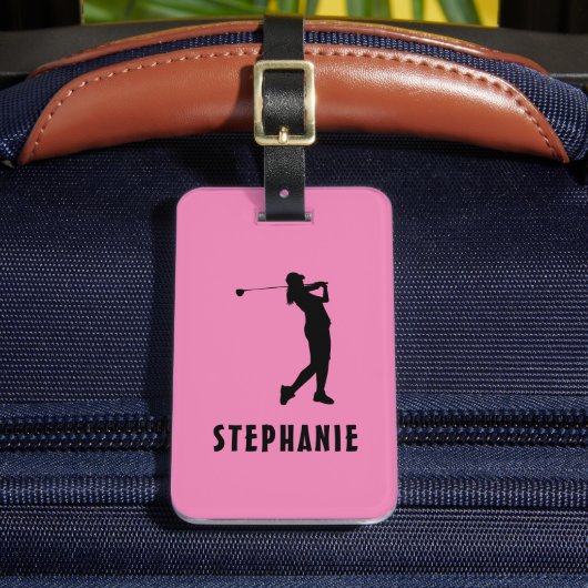 Naam Vrouw Golfspeler Golfing Golfer Roze Zwart Bagagelabel (Voorkant Insitu 2)