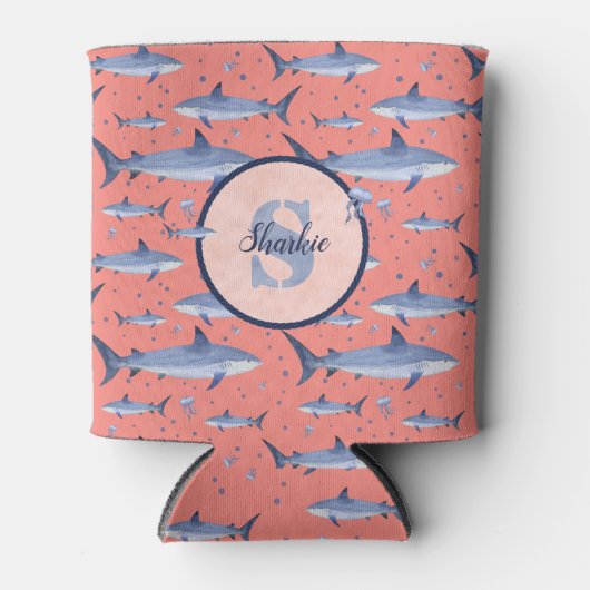 🌊🦈 Naam + Waterverf Coral Shark Monogram Blikjeskoeler (Voorkant)