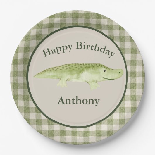 Naam Waterverf Cute Alligator Birthday Papieren Bordje (Voorkant)