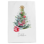 Naam Waterverf Moderne Elegante Kerstboom Medium Cadeauzakje (Voorkant)