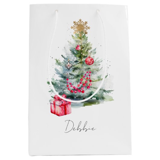 Naam Waterverf Moderne Elegante Kerstboom Medium Cadeauzakje (Voorkant)