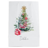 Naam Waterverf Moderne Elegante Kerstboom Medium Cadeauzakje (Achterkant)