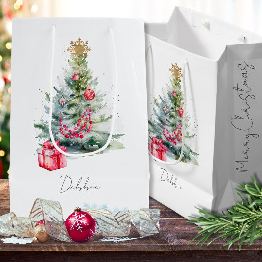 Naam Waterverf Moderne Elegante Kerstboom Medium Cadeauzakje
