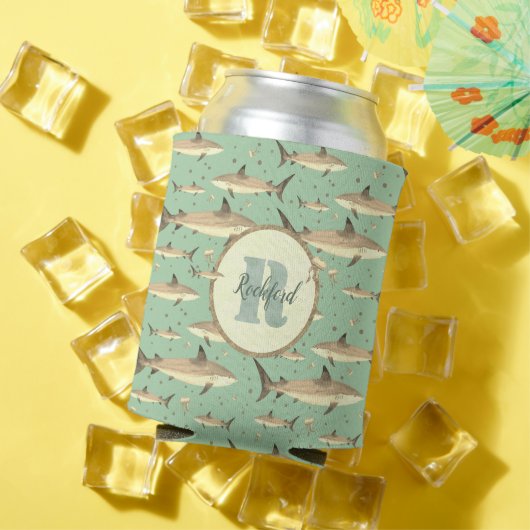 Naam + Waterverf Monogram 🌊🐋 Groene Haai Blikjeskoeler (Insitu Zomer)