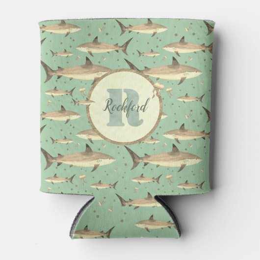 Naam + Waterverf Monogram 🌊🐋 Groene Haai Blikjeskoeler (Voorkant)