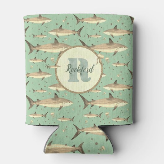 Naam + Waterverf Monogram 🌊🐋 Groene Haai Blikjeskoeler (Achterkant)