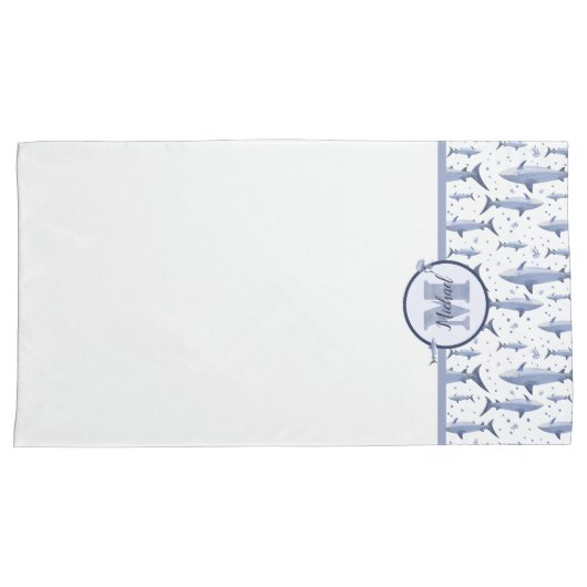 Naam + Waterverf Monogram Shark | Blauw en wit Kussensloop (Voorkant-Rechts)