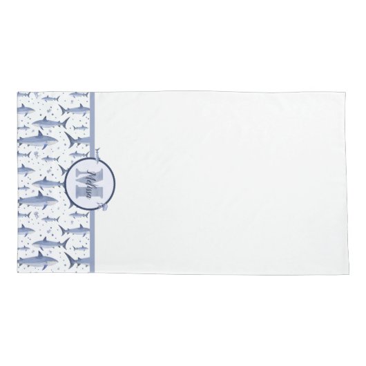 Naam + Waterverf Monogram Shark | Blauw en wit Kussensloop (Achterkant-Links)