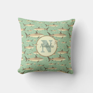 Naam + Waterverf Monogram Shark Patroon   Groen Kussen