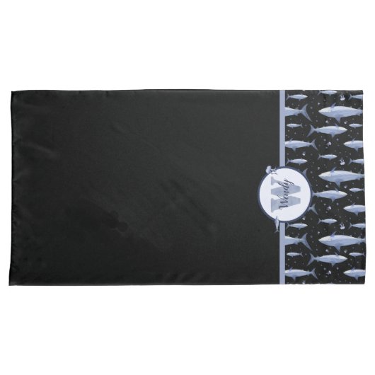 Naam + Waterverf Monogram Shark | Zwart-blauw Kussensloop (Voorkant-Rechts)