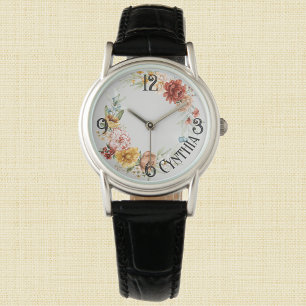 Naam, Waterverf Nederlandse Bloemen Zwart Lederen  Horloge