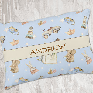 Naam Waterverf Vintage Speelgoed Patroon Blauw Accent Kussen