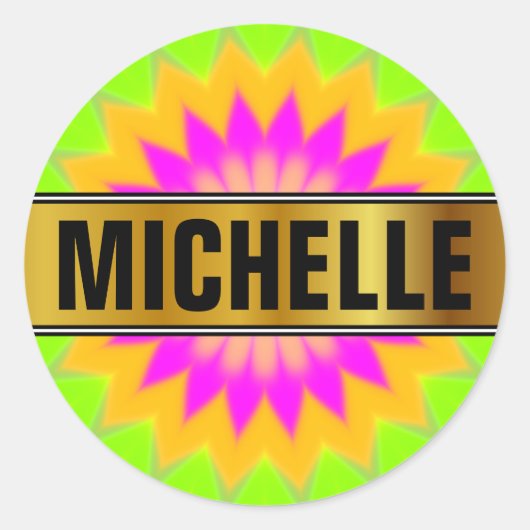 naam + wazig levendig barstend bloemenachtig patro ronde sticker (Voorkant)
