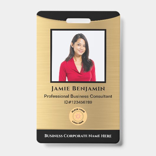 Naam werknemer Foto Bar Code Logo Gold Zwart Badge (Voorzijde)