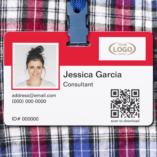 Naam Werknemer Foto Bedrijfslogo QR-code Rood Badge
