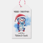 Naam, Whimsical Merry Christmas Penguin Gift Label Cadeaulabel (Voorkant)
