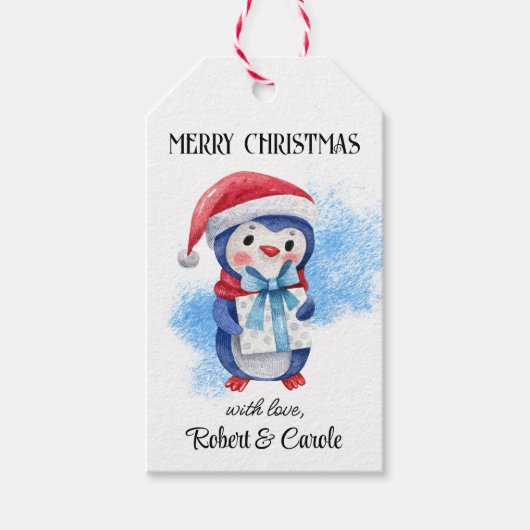 Naam, Whimsical Merry Christmas Penguin Gift Label Cadeaulabel (Voorkant)