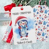 Naam, Whimsical Merry Christmas Penguin Gift Label Cadeaulabel