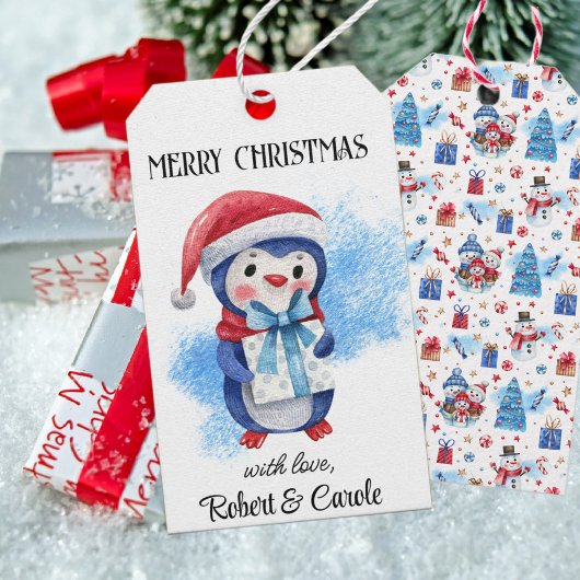 Naam, Whimsical Merry Christmas Penguin Gift Label Cadeaulabel