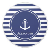 Naam | Witte anker in donkerblauwe cirkel op strep Keramische Knop (Voorkant)