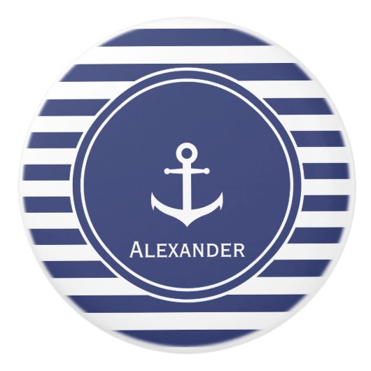 Naam | Witte anker in donkerblauwe cirkel op strep Keramische Knop (Voorkant)
