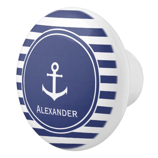 Naam | Witte anker in donkerblauwe cirkel op strep Keramische Knop (Rechts)